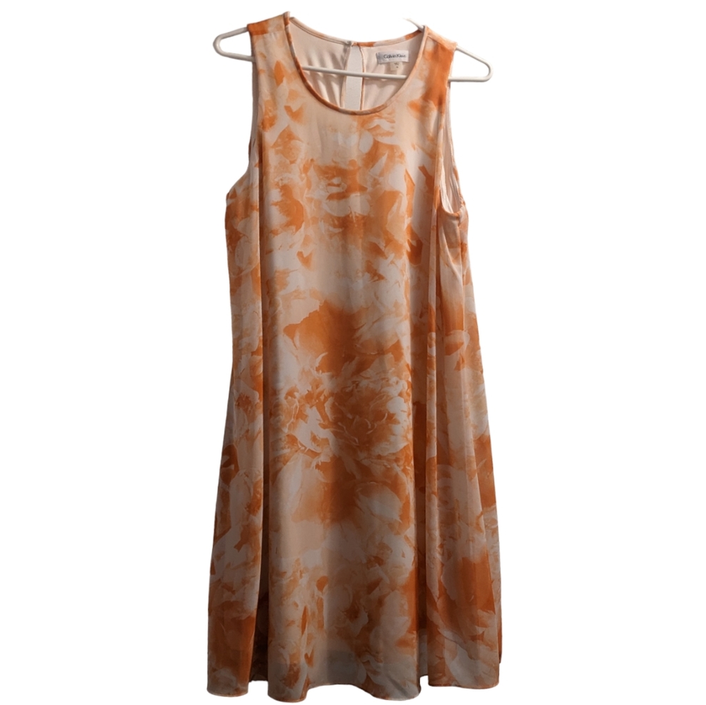 Calvin Klein Orange & White Floral Chiffon Trapeze Dress 10